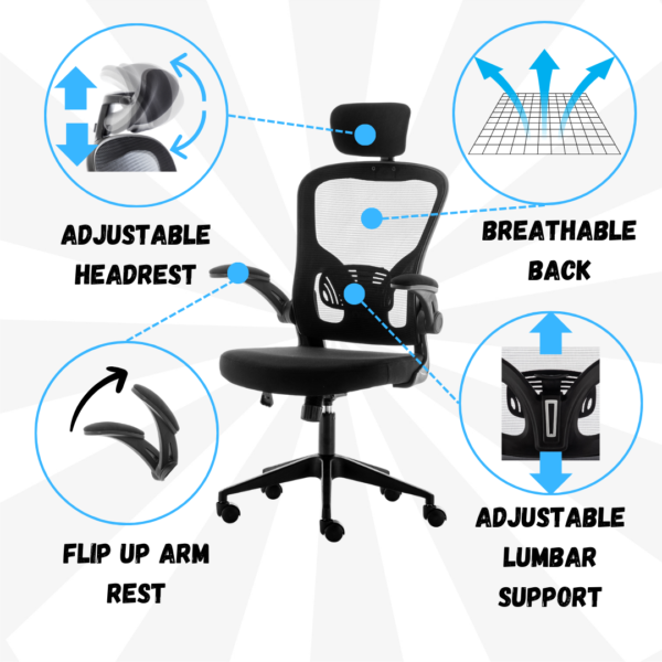 High Back Office Chair with Headrest Armrest Swivel Lumbar Support and Reclining